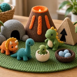 Puede incluir: Un set de juego de ganchillo con una alfombra circular verde, dos palmeras, una cueva gris, un volcán marrón con lava naranja y una pirámide beige. Incluye un triceratops naranja, un dinosaurio azul turquesa, un dinosaurio verde y un bebé en un huevo.