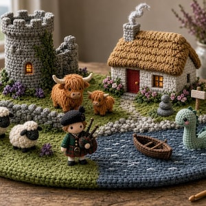 Scottish Highlands Crochet Pattern Bundle: Castle, Cottage, Cow, Nessie, Bagpiper (PDF)