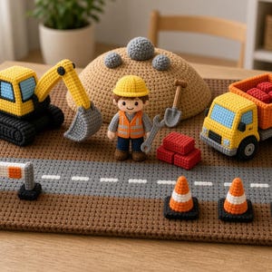 Può includere: Un set da costruzione all'uncinetto con un escavatore giallo, un camion con cassone ribaltabile arancione, una bambola operaia con elmetto giallo e gilet arancione, un cumulo di terra marrone con rocce grigie, mattoni rossi e tre coni stradali.