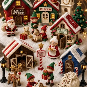 May include: A collection of crocheted Christmas village buildings and figures including Santa's Workshop, Toy Factory, Mrs. Claus Bakery, Reindeer Stable, and Letters to Santa. Features include Santa, elves, reindeer, teddy bears, and a North Pole sign.