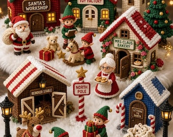 May include: A collection of crocheted Christmas village buildings and figures including Santa's Workshop, Toy Factory, Mrs. Claus Bakery, Reindeer Stable, and Letters to Santa. Features include Santa, elves, reindeer, teddy bears, and a North Pole sign.