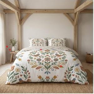 Folk Floral Bird Pattern Duvet Cover
