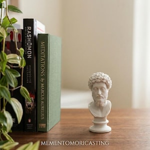 May include: A white marble-style bust of a bearded man with curly hair on a pedestal base, positioned next to a green book titled Meditations by Marcus Aurelius and a black book titled Rashomon and 17 Other Stories by Ryunosuke Akutagawa.