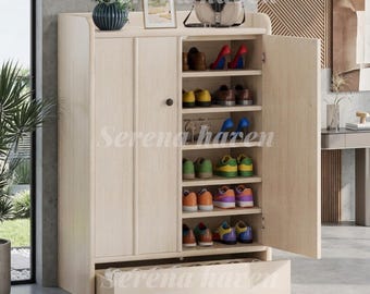 Shoe Storage Cabinet with Doors and Drawer, Tall Farmhouse Shoe Cabinet with Adjustable Shelves | Freestanding Wooden Shoe Organizer