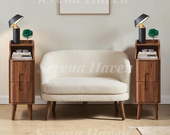 Narrow End Table for Living Room, Wooden Skinny Side Table with Drawers, Vintage Mid Century Modern Nightstand for Small Spaces and Bedroom