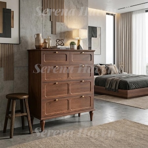 Drawer Dresser for Bedroom, Dresser with Solid Wood Legs and Brass Handles | Mid Century Modern Chest of Drawers, Vertical Storage Organizer