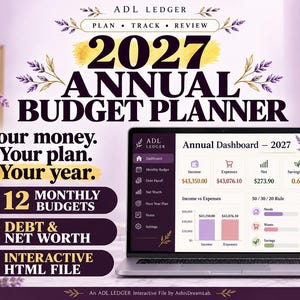Jaarlijkse budgetplanner, offline HTML-financieel dashboard, maandelijkse uitgaven- en schuldentracker