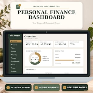 Puede incluir: Una pantalla de portátil que muestra un panel de finanzas personales interactivo titulado ADL Ledger. La interfaz presenta un resumen del patrimonio neto, flujo de caja y gastos mensuales con gráficos. Texto: 10 Finance Sections, Offline & Private, Real-Time Totals.