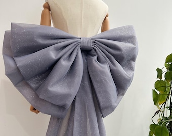 Haze Blue Detachable Wedding Bow: Gray Blue Glitter Tulle Bow with Train, Bridal Gift Bow Wedding Accessory& Room Decor Support Custom