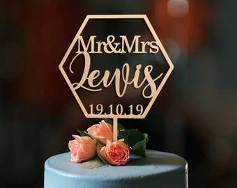 Hexagone M et Mme Cake Toppers pour le mariage - Custom Last Name Cake Topper Personnalisé avec date - Wedding Cake Topper