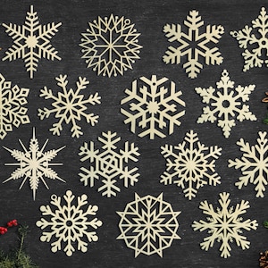 Set of 15x Christmas Wooden Snowflake Ornaments / Laser Cut Wood Decor / Christmas Gift image 1