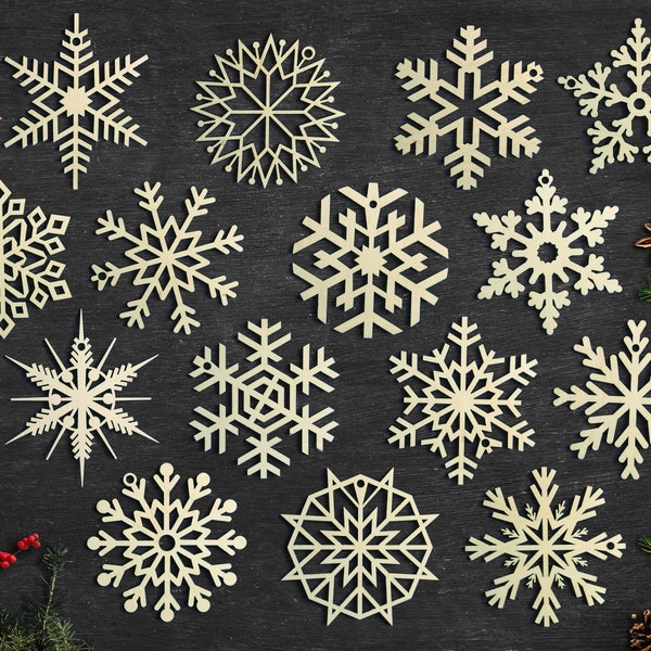 Set of 15x Christmas Wooden Snowflake Ornaments / Laser Cut Wood Decor / Christmas Gift