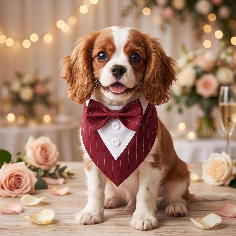 Dog Tuxedo Bandana With Bowtie, Ring Bearer Wedding Outfit, Adjustable Dog Tuxedo Bandana With Bowtie, Ring Bearer Wedding Outfit, Adjustable