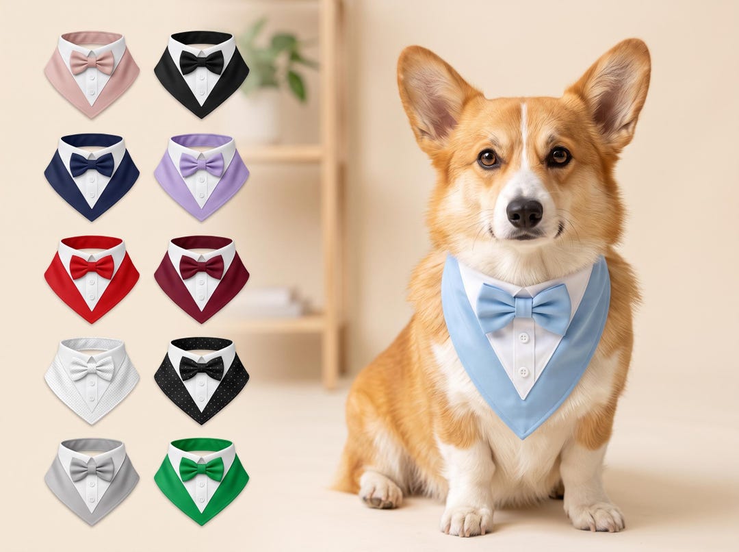 Dog Tuxedo Bandana With Bowtie, Ring Bearer Wedding Outfit, Adjustable Dog Tuxedo Bandana With Bowtie, Ring Bearer Wedding Outfit, Adjustable