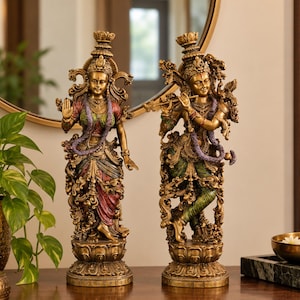 Radha Krishna-statyett | Handgjord hartsidol, antik finish, 35 cm