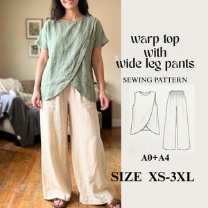 Peut inclure: Un patron de couture pour un haut cache-cœur vert sauge à manches courtes et un pantalon large beige. L'image contient le texte warp top with wide leg pants SEWING PATTERN A0+A4 SIZE XS-3XL et un dessin au trait noir et blanc des vêtements.