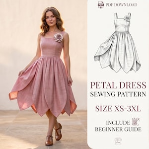 Pode incluir: Um molde de costura em PDF para um vestido de pétalas nos tamanhos XS-3XL, incluindo um guia para iniciantes. O design apresenta um corpete sem mangas com decote quadrado, um detalhe de flor de tecido no ombro e saia com painéis em pétalas.