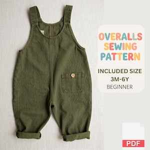 May include: An olive green pair of overalls with a single front pocket featuring a light brown button. The text on the right reads: OVERALLS SEWING PATTERN, INCLUDED SIZE 3M-6Y, BEGINNER. A PDF icon is visible at the bottom right corner of the image.
