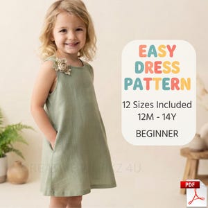 Kids Dress Sewing Pattern PDF | Girls Linen Dress Pattern | Toddler A-Line Dress with Pockets | Sleeveless Dress | 12M-14Y