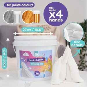 May include: A white plastic bucket for a family hands casting kit, measuring 27cm/10.6 inches wide and 25cm/9.8 inches tall. The label features the text 'family hands casting kit' and 'fits up to x4 hands'. Includes two paint colours and a white hand sculpture.