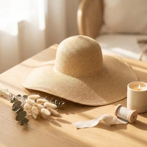 May include: A wide-brimmed straw hat with a rounded crown and a natural tan color. The hat features a tightly woven texture throughout the entire surface, creating a consistent pattern from the top of the dome to the edge of the circular brim.