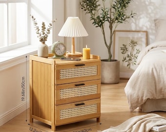 Mesita de noche de bambú con cajones de ratán, mesa de noche, armario de almacenamiento de madera, mesa auxiliar moderna, muebles para dormitorio pequeño, mesita de noche estilo bohemio