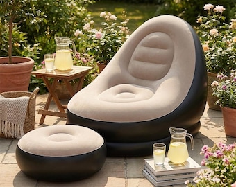 Conjunto de sillón reclinable inflable y otomana, sofá de aire ergonómico de respaldo alto, asiento portátil para interiores y exteriores.