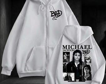 Michael Jackson BAD Tour Zip Hoodie, Retro 80s Pop Collage Sweatshirt