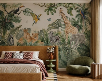 Watercolor Jungle Animals Safari Mural, Tropical Kids Room Peel Stick Wallpaper