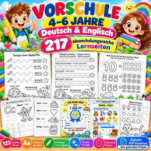 May include: A preschool educational workbook titled VORSCHULE 4-6 JAHRE featuring bilingual German and English exercises. The cover displays cartoon children, colourful graphics, and sample activity pages including tracing lines, counting, letter writing, and logic puzzles.