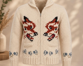 Gebreid vest met wolfmotief, Scandinavische streetwear, wollen jas met rits, unisex winterkleding