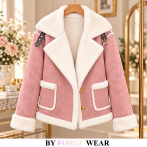 May include: A pink jacket with a white faux shearling collar, cuffs, and hem trim. The jacket features two front pockets with white trim, two gold-toned buttons, and black leather-like straps with silver buckles on the collar area.