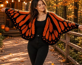 Monarch Butterfly Knit Cardigan, Oversized Cocoon Shrug, Boho Open Front Sweater