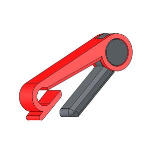May include: A bright red plastic clip with a circular hinge mechanism and a dark gray interior arm. The clip features a curved hook design at the end, with a solid red outer frame and a contrasting dark gray component visible within the hinge area.