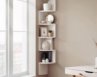 Corner Floating Shelves 5 Tier Wall Shelf Space Saving Bookcase Modern Corner Storage Organizer for Living Room Bedroom, Choice of 4 Colours