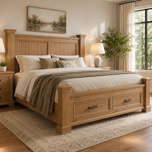 May include: A light brown wooden bed frame featuring a tall headboard with vertical paneling and two integrated storage drawers at the foot. The bed is dressed with white bedding, a brown throw blanket, and several pillows in shades of white and tan.