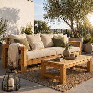 Puede incluir: Un sofá de exterior de madera con cojines beige, cojines decorativos verde oliva y una manta de flecos color crema. Una mesa de centro de madera a juego se sitúa delante, con un jarrón de cerámica y una taza. Un farol de metal negro está cerca.