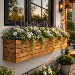 Puede incluir: Una jardinera rectangular de madera con listones horizontales, llena de un denso arreglo de petunias blancas, salvia morada y follaje verde colgante, montada en una pared blanca debajo de una ventana con marco negro.