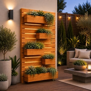 May include: A vertical wooden garden trellis featuring five rectangular planters mounted at varying heights. The light brown wood structure holds lush green foliage and trailing plants, illuminated by integrated warm lighting strips.