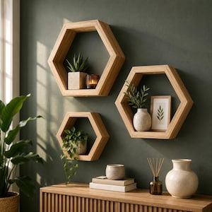 May include: Three light-toned wooden hexagonal wall shelves arranged in a cluster. The shelves hold a small potted succulent, a candle, a trailing green plant, a leafy green plant in a speckled vase, and a framed botanical print.