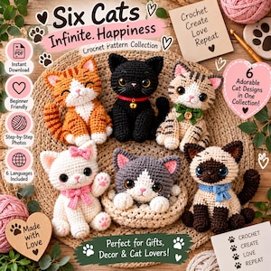 May include: A collection of six crocheted cat plushies featuring an orange tabby, a black cat with a bell, a brown tabby with a green bow, a white cat with a pink bow, a gray and white cat in a basket, and a Siamese cat with a blue bow.