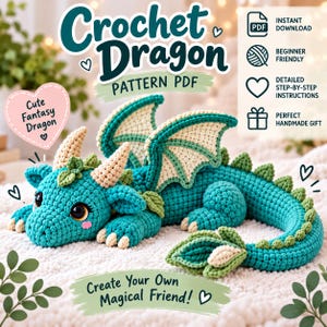 May include: A crochet dragon pattern PDF featuring a teal and cream-colored stuffed dragon toy with large dark eyes, textured wings, and a long tail. The image includes text: Crochet Dragon Pattern PDF, Instant Download, Beginner Friendly, and more.