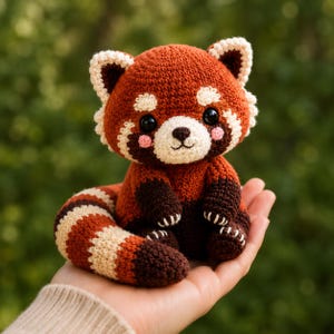 May include: A small, handcrafted crochet red panda plush toy featuring a rust-orange body, dark brown limbs, and a cream-colored face with black eyes. The plush has a long, striped tail with alternating bands of rust-orange and cream yarn colors.