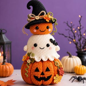 Peut inclure: Une décoration en crochet empilée composée d'une grande citrouille orange avec un visage de jack-o'-lantern noir, un fantôme blanc au milieu et une petite citrouille orange portant un chapeau de sorcière noir, décorée de petites feuilles et boutons.
