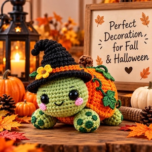 May include: A crocheted turtle figurine with a light green body, dark green spots, and a bright orange pumpkin shell. The turtle wears a black witch hat adorned with a yellow flower. A wooden sign nearby reads: Perfect Decoration for Fall & Halloween.