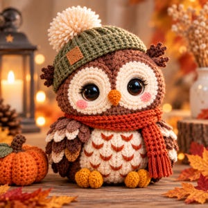 Puede incluir: Un peluche de búho tejido a ganchillo con hilo marrón y crema, que lleva un gorro de punto verde con un pompón crema y una bufanda naranja texturizada. El búho tiene grandes ojos negros, un pequeño pico naranja y mejillas rosadas.
