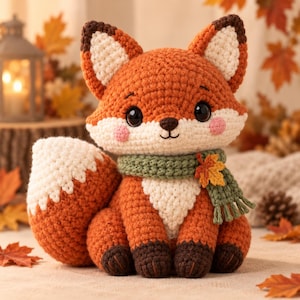 May include: A crocheted fox plush toy with orange, white, and dark brown yarn. The fox has large black eyes, pink cheeks, and a green scarf featuring a small orange maple leaf accent. The fox is sitting upright with a large, fluffy white-tipped tail.