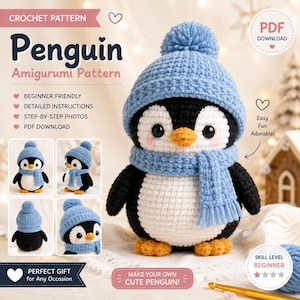 May include: A crochet pattern for a penguin amigurumi featuring a black and white penguin wearing a light blue hat with a pom-pom and a matching scarf. The text includes Penguin Amigurumi Pattern, Beginner Friendly, and PDF Download.