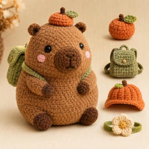 Peut inclure: Un jouet en peluche capybara au crochet marron avec une petite citrouille orange sur la tête et un sac à dos vert. À côté se trouvent des accessoires au crochet : une citrouille orange, un sac à dos vert, une casquette orange et un bandeau fleur.