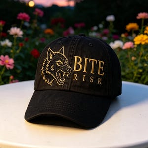 May include: A black baseball cap featuring an embroidered gold graphic of a snarling wolf head on the left side. To the right of the wolf, the text BITE RISK is embroidered in gold capital letters. The cap has a curved brim and a structured crown.